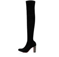 Wholesale Luxury Winter Brands Women s Tall Boots Red Bottom Study Booty Black Stretch Lady Over knee boot Studs High Heels Fashion Booties EU35 Box