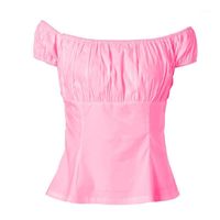 Wholesale Women s Blouses Shirts Off Shoulder Ruffled Sexy Lovely Pink Blouse Low Back Rockabilly s Female Tops Woman Vintage Design Peasan