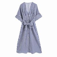 Wholesale Summer Women Stripped Dress Bow V Neck Short Sleeve Midi Dresses Chic Lady Casual Fashion Clothes