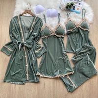 Wholesale Women s Sleepwear Pieces Winter Gold Velvet Robe Sets Suit Sexy Lace Warm Dressing Gown Sleeveless Femme Thicken Home Clothes Pyjama