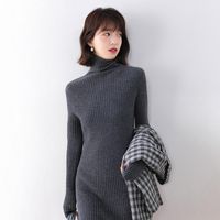 Wholesale Casual Dresses Longer Dress Fashion Women Pure Wool Knitted Winter Striped Turtleneck Sweater