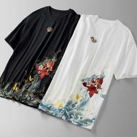 Wholesale China Fashion Brand Round Neck Short Sleeve T shirt Loose Size Men s Summer Cotton Embroidery Koi Fat Man s