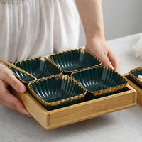Wholesale Green gold rim Ceramic Dish Fruits Platter Creative Porcelain Snack Dessert Plate Natural Bamboo Serving Tray holder Tableware