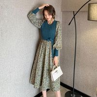 Wholesale Printed Floral Dress For Women s Spring Waistband Patchwork Knit Elegant Sim Fit Long Sleeve Dresses Casual