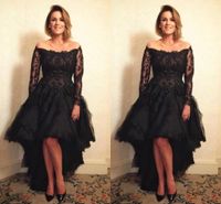 Wholesale Sexy Black Hi Low Prom Cocktail Dresses with Sleeves Aline Scoop Neck Ruffled Lace Applique Shrot Front Long Back Homecoming Bridesmaid Evening Formal Gowns