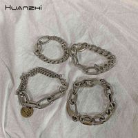 Wholesale Huanzhi Silver Color Punk Bangle Classic Hip Hop Harajuku Thick Chain Thin Double Pendant Link Round Bracelet for Men Jewelry