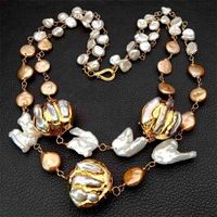 Wholesale 20 quot Cultured white keshi champagne coin pearl K Yellow Gold color Plated Pearl statement Necklace party women
