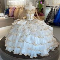 Wholesale 2022 Amazing White and Gold Embroidery Quinceanera Prom Dresses Ball Gown Long Illusion Sleeves Ruffled Evening Formal Party Swee