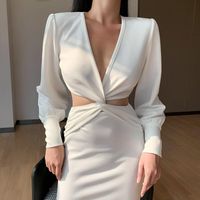 Wholesale Casual Dresses White Dress Women X shaped V neck Slim Party Puff Sleeve Sexy Club Spring Autumn Elegant Long Black