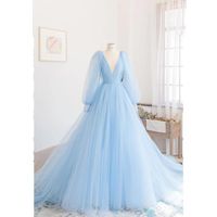 Wholesale Party Dresses Elegant Beautiful Evening Dress Deep V Neck Puff Long Sleeves Tulle A line Floor Length Women Simple Homecoming Prom Gown