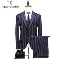 Wholesale Men s Suits Blazers TIAN QIONG Brand Men Striped Groom Wedding Dresses Suit For Pieces Navy Blue Slim Fit Casual Tuxedo Jacke