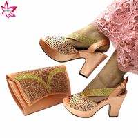 Wholesale Dress Shoes Classics Decorate With Rhinestone Sandals In Peach Color Spring Design Sheos And Bag Set For Garden Party