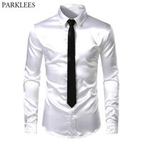 Wholesale Men s Pieces Shirt Tie White Silk Satin Dress Shirts Slim Fit Long Sleeve Button Down Shirt Male Wedding Party Prom Chemise