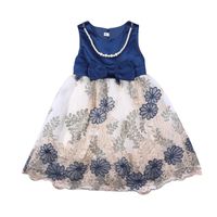 Wholesale Toddler Embroidered Dress Ball Gown Girls Sleeveless Flower Pattern Round Neck Bowknot Mesh With Removable Necklace Girl s Dresses