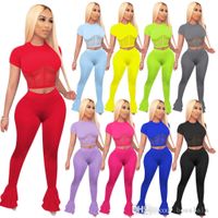Wholesale Adogirl Women Two Piece Outfits Flare Pants Sexy Mesh Style Female Dresses Tight Trousers Pieces Pleated Long Pants Sets Colors