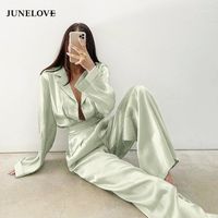 Wholesale Women s Tracksuits JuneLove Green Vintage Two Piece Sets Women Spring Of Elegant Woman Long Sleeve Top And High Waist Pants Set Female
