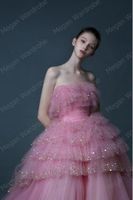 Wholesale Shiny Sequins Pink A Line Long Tulle Evening Gowns Women Girls Pretty Strapless Ruffles Tutu Prom Dresses Custom Made Vestito Casual