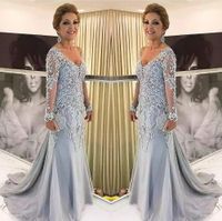 Wholesale Elegant Blue Silver Mother of the Bride Dresses Long Sleeves V Neck Godmother Evening Dress Wedding Party Guest Gowns New
