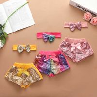 Wholesale Ins baby infants headband and shorts piece set sequins hair wrap big bow hairbands cute rainbow sequined shorts summer clothing for CM kids G65R8SP