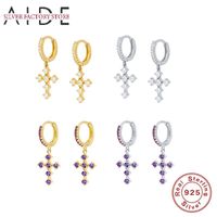Wholesale Hoop Huggie AIDE Trendy Cross Pendientes Earrings For Women Geometric White Purple Zircon Piercing Earings Silver Jewelry