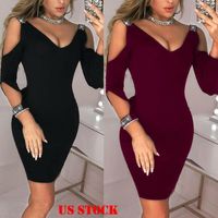 Wholesale Elegant Fashion Womens Sexy Cold Shoulder V Neck Sequin Dress Long Sleeve Solid Evening Party Bodycon Pencil USA Casual Dresses