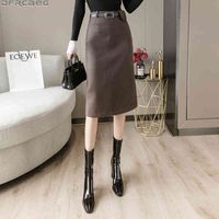 Wholesale Casual Dresses Winter Woolen Woman Skirts Black Brown Vintage High Waist Midi Jupe Femme Belt Pocket Bodycon Pencil Skirt Slim Spl