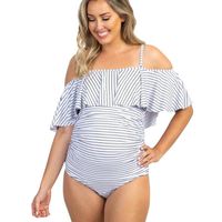 Wholesale One Piece Suits Strapless Backless Striped Ruffle Edge Maternity Swimwear Camisole Tankinis Set For Pregnant Beach Bathing Swimsuit