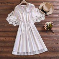 Wholesale Merry Pretty Preppy Style Summer Women Cotton Dress Peter Pan Collar Plaid Lace Up Short Sleeve Kawaii Tulle Female