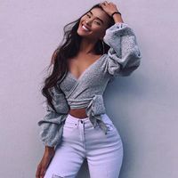 Wholesale Women s Sweaters Gray Wrap Cardigan Women Ribbons Tie Swaetar Autumn Style Crop Top Knit Puff Sleeves Knitwear Casual Cropped Pullover Outer