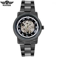 Wholesale China Brand Men Fashion Mechanical Hand Wind Watches Skeleton Dial Black Case Transparent Glass Stainless Steel Band Wristwatches