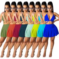 Wholesale two piece sets tennis dress women tracksuits halter strapless crops mini skirts solid color party outfits pleated dresses S XL beach wear summer clothing