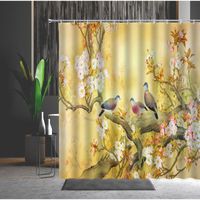 Wholesale Waterproof Shower Curtain Chinese Style Red Yellow Flowers Bird Machine Washable Bathtub Decoration Bath Curtains With Hooks