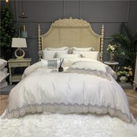 Wholesale Bedding Sets Luxury White Blue Soft Silky Egyptian Cotton Princess Set Silver Gray Lace Edge Duvet Cover Bed Sheet Pillowcases