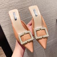 Wholesale Slippers Casual Glitter Slides Pointed Toe Med Female Shoes Thin Heels Heeled Mules String Bead Shallow Luxury Jelly Soft C