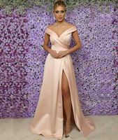Wholesale Plus Size Woman Off Shoulder Split Front Bridesmaid Dresses Mermaid V Neck Thigh High Slits Girl Gown Custom Satin Wedding Party Gown