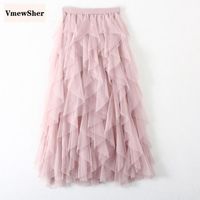 Wholesale VmewSher Tulle Skirt Elastic High Waist Mid calf Long Mesh Women Summer Tutu Black Pink Elegant Net Yarn Pleated Skirts