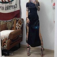 Wholesale Sisterlinda Soft Satin Traditional Chinese Mid Calf Dress For Women Black Embroidery Elegant Split Long Qipao Evening Party Gown