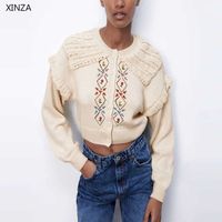 Wholesale Za Women Embroidered Knit Cardigan Autumn Long Ruffled Sleeve Cropped Sweater Woman Fashion Buttoned Fitted Knitted Top Q0817