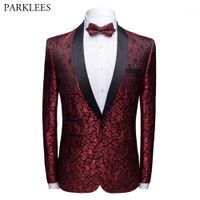 Wholesale Mens Single Breasted Shawl Collar Suits and Blazers Wine Red Jacquard Slim Blazer Men Party Wedding Prom Tuxedo Blazer Hombre1