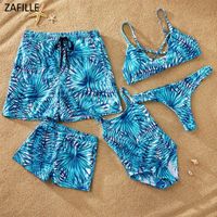 Wholesale Women s Swimwear ZAFILLE Blue Printed Bathing Suit Family Look Matching Swimsuit Men Boy Shorts Girls Beachwear Female Separate Bikini