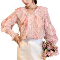 Wholesale Women s Blouses Shirts Spring Blouse Women Floral Chiffon Ruffle Tops Long Sleeve Chic Yellow Pink Plus Size Fashion Korean Clothes Lady