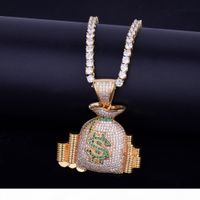 Wholesale Designer luxury jewelry Money Bag Stack Iced Cash Coins Pendant Necklace With tennis Chain Charm Gold Silver Cubic Zircon Men s Hip Hop Jewe