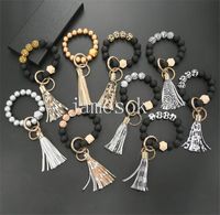Wholesale Black Frosted Wooden Bead Bracelet Keychain Fashion Pattern Tassel Pendant Bracelets Women Girl Key ring Wrist Strap Colors DD255