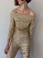 Wholesale Vintage Chic Gold Sequined Cropped Blouses Women Fashion Sexy Slash Neck Shirts Elegant Ladies Short Tops Y0505