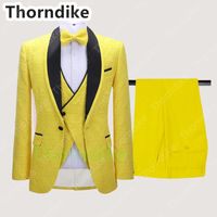 Wholesale Thorndike Costume Homme Yellow Pattern Men Suits Groom Tuxedos Shawl Satin Lapel Groomsmen Wedding Clothing Jacket Pants Vest Men s Bla