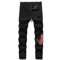 Wholesale Men s Jeans Style Black Embroidered Rose Flower Stretch Feet Tight Fitting Ripped Trend Trousers Versatile And Comfortable