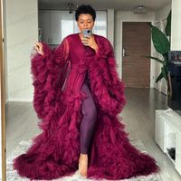 Wholesale Real Image Sexy Burgundy See Thru Long Party Dresses With Puff Full Sleeves Prom Gowns Ruffles Tiered Pregnant Woman Robe Casual