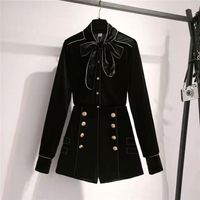 Wholesale Autumn New Golden velvet Shorts Suits Ladies Two piece Dress set Bow lace up collar Shirts and Double breasted High waist