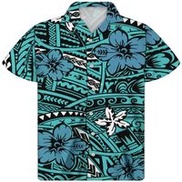 Wholesale Plus Size Sky Blue Polynesian Tribal Stripe Floral Print Men S Shirt Cuba Collar Short Sleeves Regular Fit Shirts For Men Casual