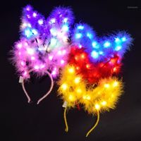 Wholesale Party Decoration pack Women Girls LED Light Up Feather Headband With Plush Ear Colorful Hair Band Headwear